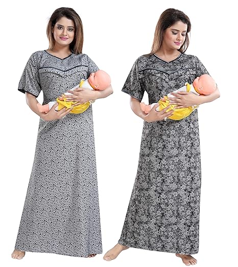 Women's Cotton Floral Print Feeding/Nursing/Maternity Nighty (Pack of 2) (Free Size; Length:55