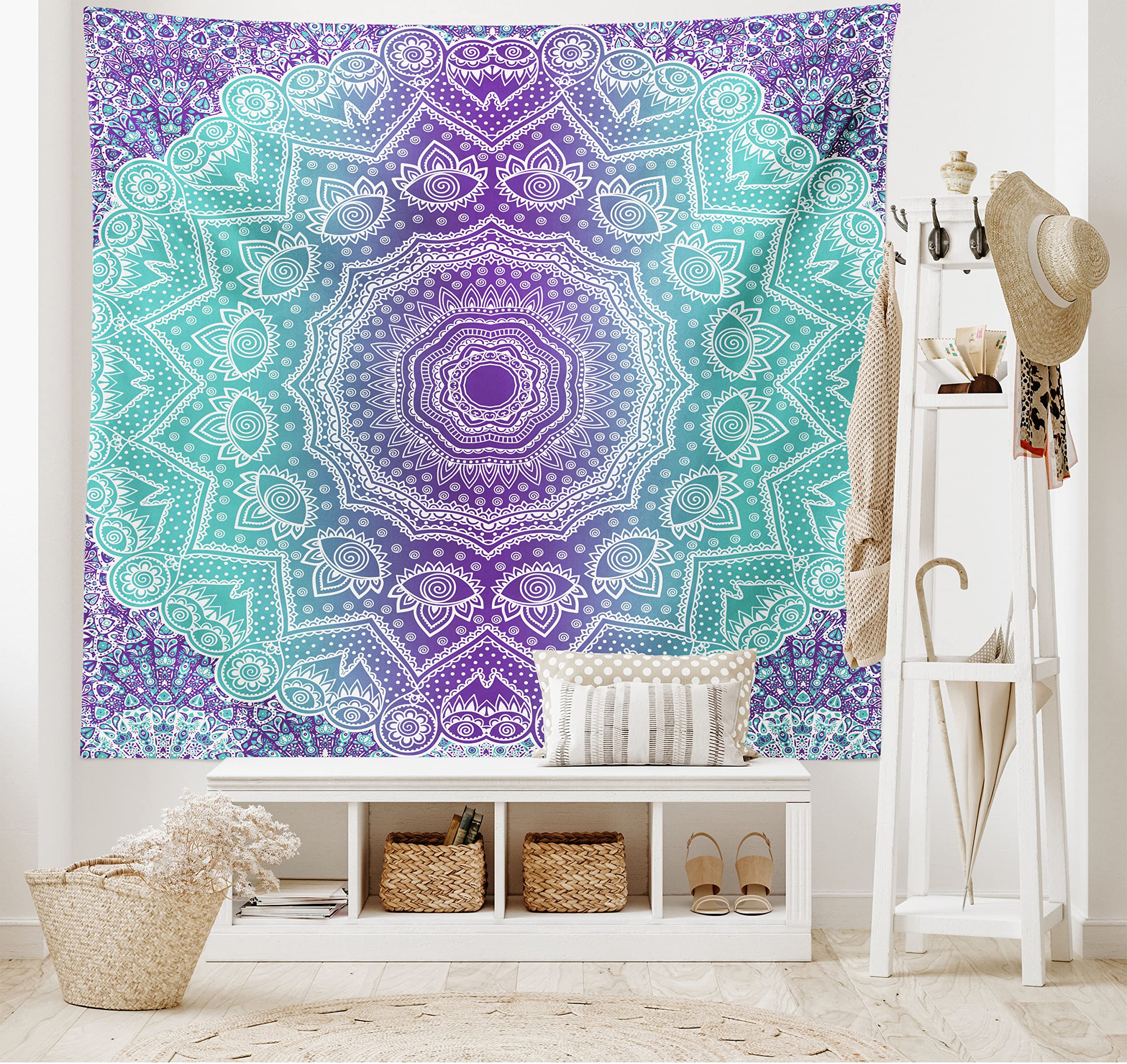 ABAKUHAUS Purple and Turquoise Tapestry, Hippie Ombre Mandala Inner Peace and Meditation with Ornamental Art, Fabric Wall Hanging Decor for Bedroom Living Room Dorm, 90 W X 54 L, Purple Aqua