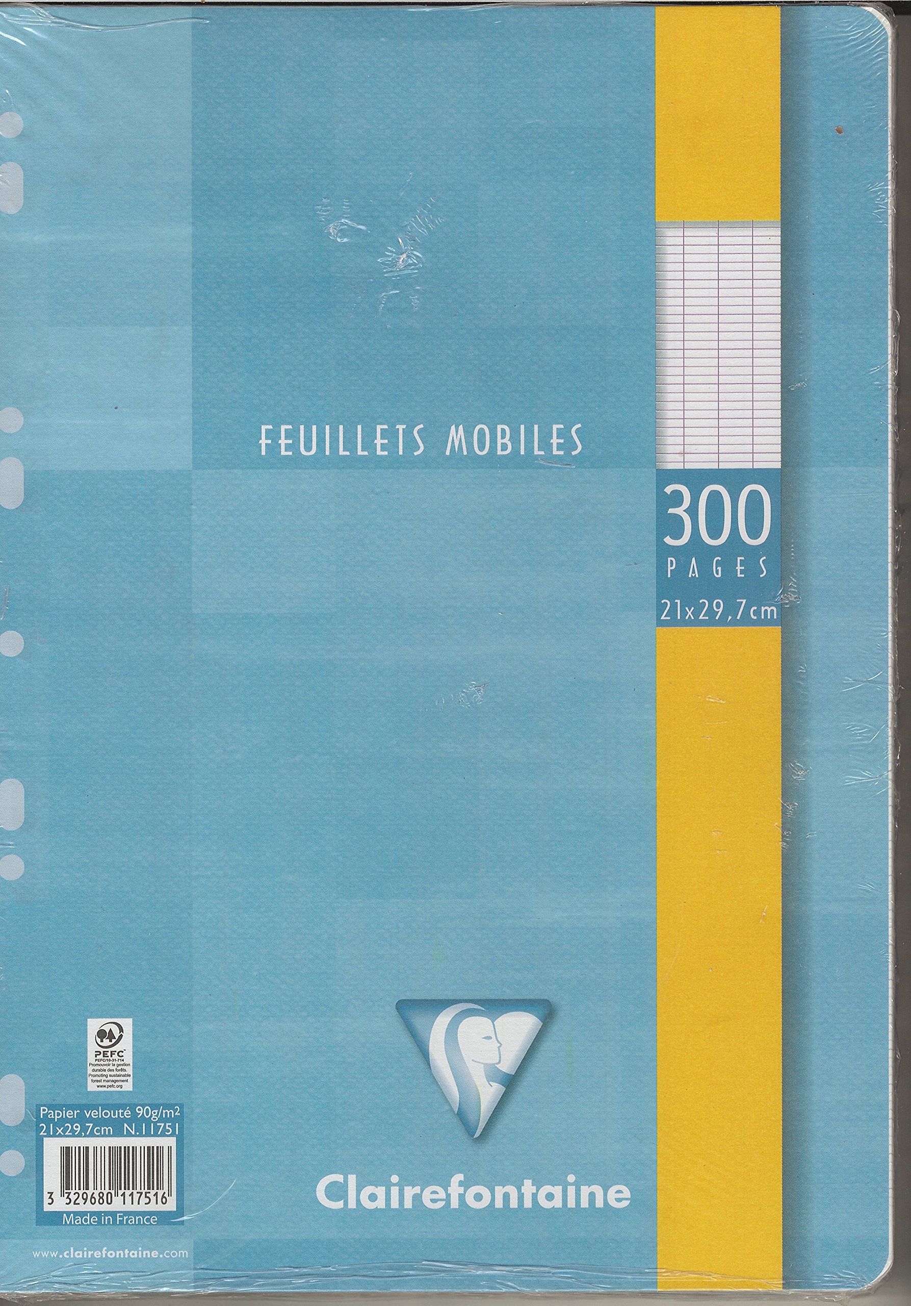 Clairefontaine 11751C - One pack of perforated loose-leaf film sheets - Dimensions: A4 21 x 29.7 cm - 300 Seyes Ruled Pages - White Velvet Paper - 90 g