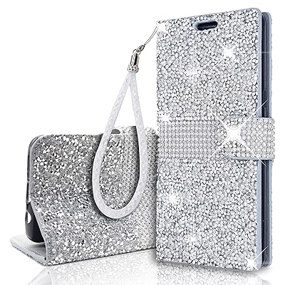 Samsung Galaxy S9 Plus Wallet Wristlet Lanyard Stand Case Shiny Glitter Sparkle Crystal Bling Stars Flip Card Slot Luxury Phone Case Cover for SamsungGalaxy s9+ (Silver, Samsung Galaxy S9+/S9 Plus)