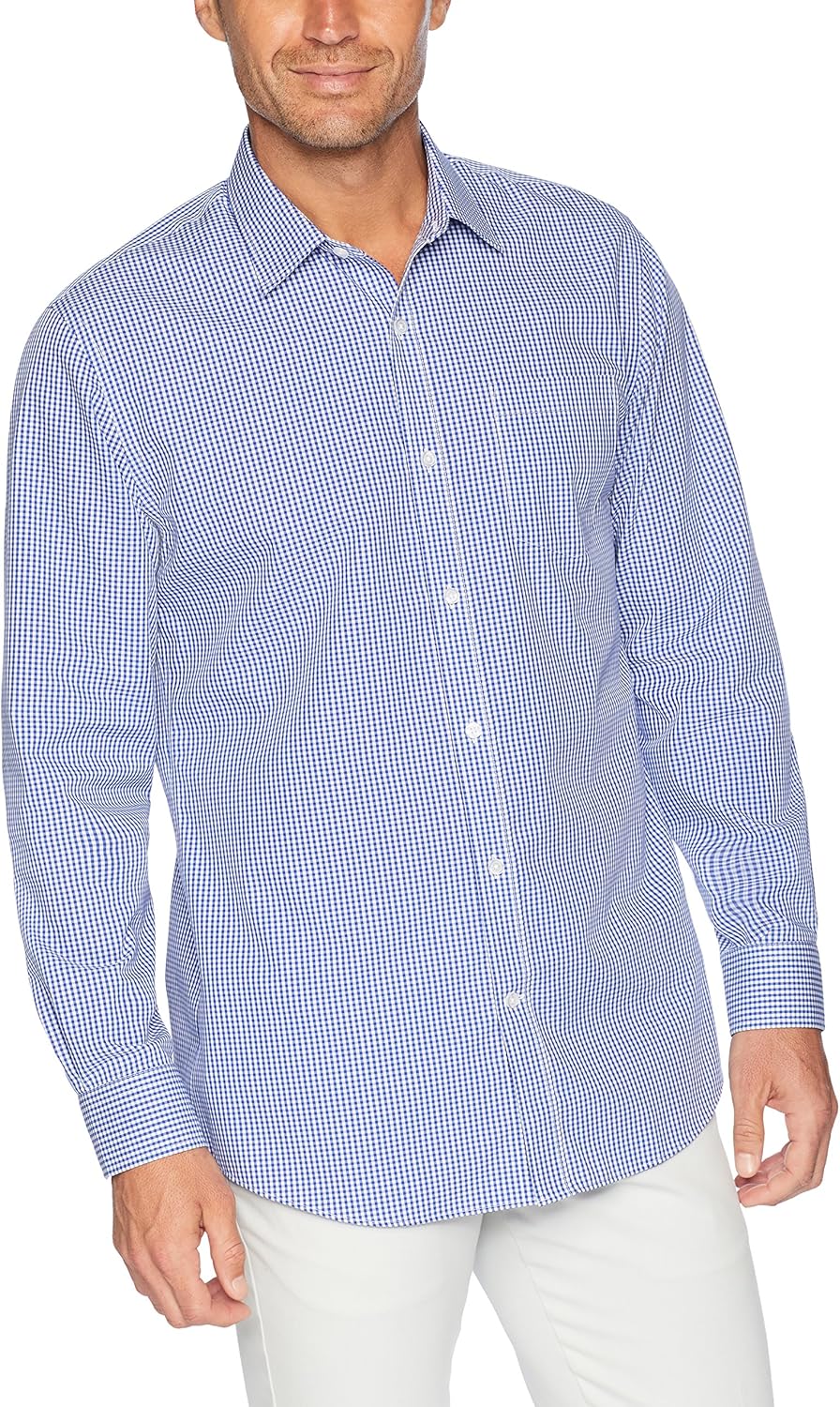  Essentials Men's Regular-Fit Wrinkle-Resistant Long-Sleeve Plaid Dress Shirt: Clothing