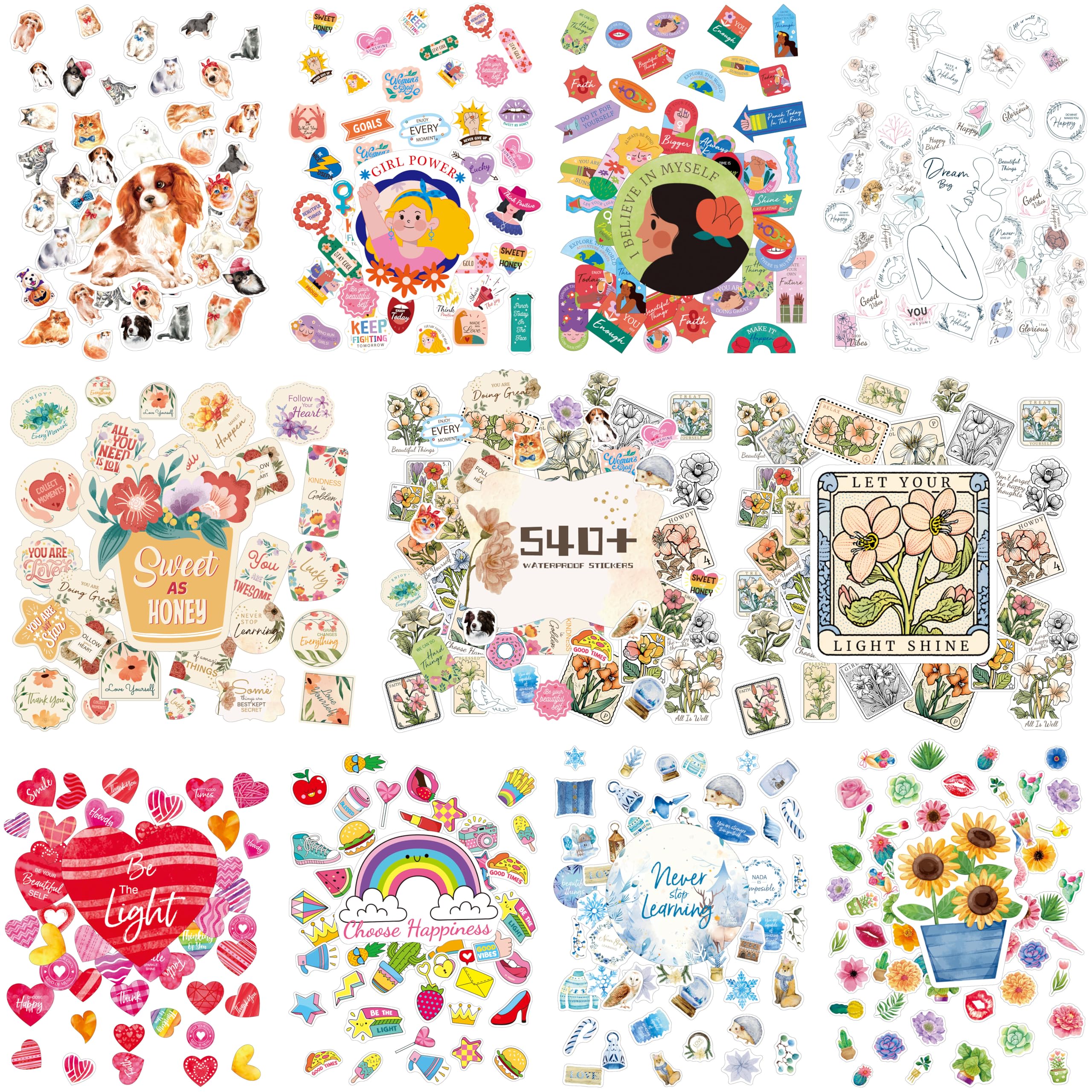540+ PCS Inspirational Stickers, Colorful Water/Tear Resistant Vinyl Art Stickers Remove with No Residue for Laptop Skateboard Suitcase Computer Phone Planner VSCO Adults Girls Women (20 Sheets)
