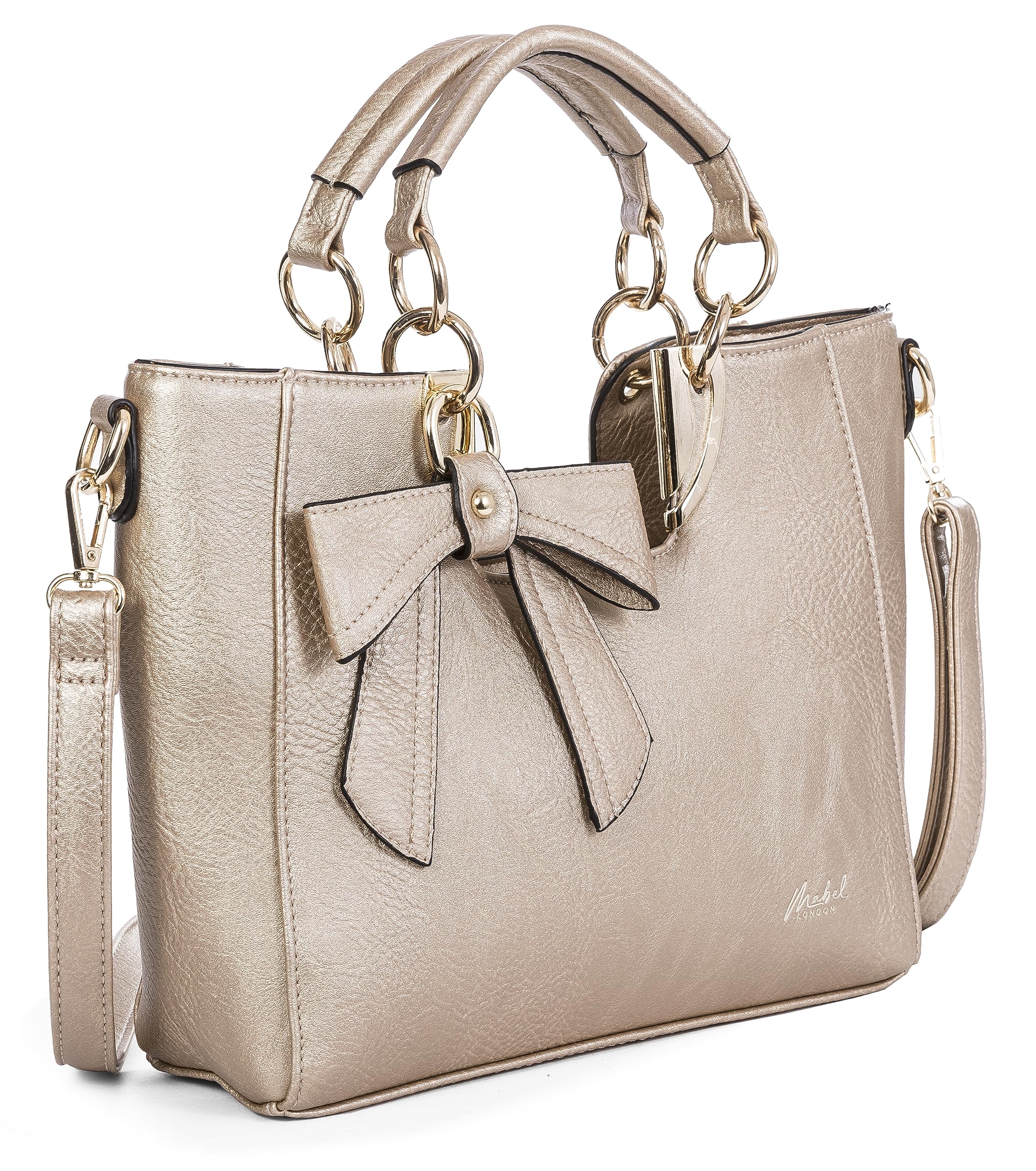Mabel London Womens Bow Shoulder Satchel Handbag - Top Handle Plain Bag - Medium Size Purse with a Long Adjustable Shouder Strap - Hannah (Metallic)