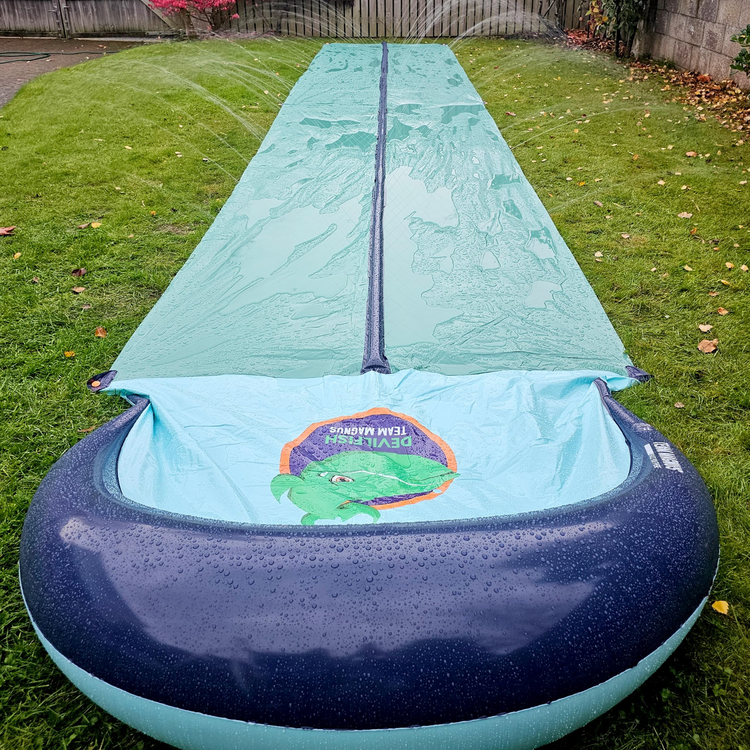 Team Magnus Slip and Slide - central sprinkler, XL crash pad in quality finish - UK design for British gardens/connections