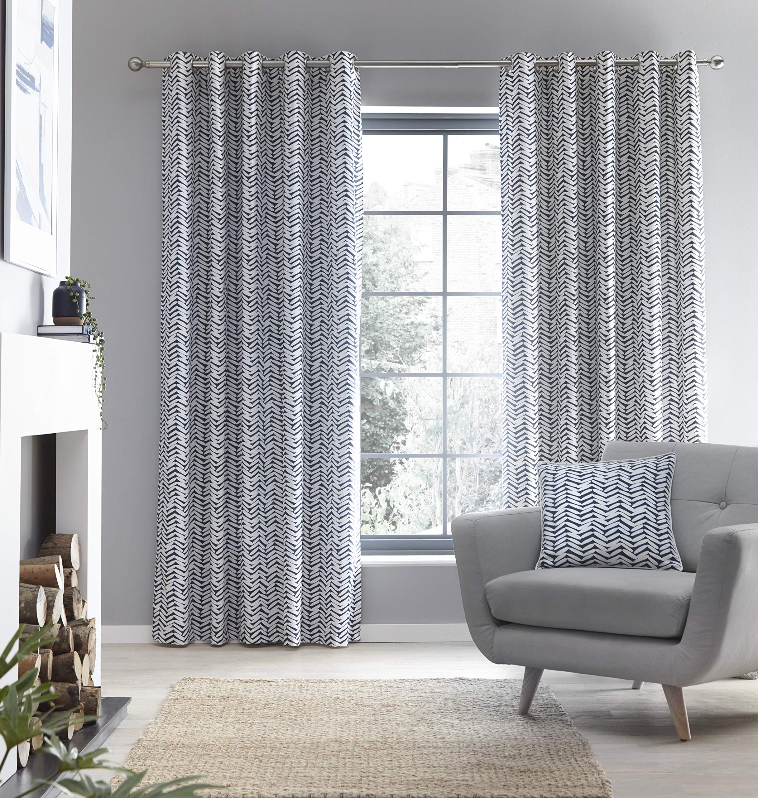 Fusion Loft-100 Pair of Eyelet Curtains, 100% Cotton, Navy, 46" Width x 72" Drop (117 x 183cm)