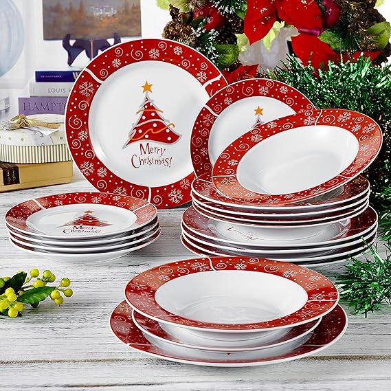 Other 18Piece Merry Christmas Tree Printed White and Red Porcelain Dinner Set 9.5" / 8.5" and 7