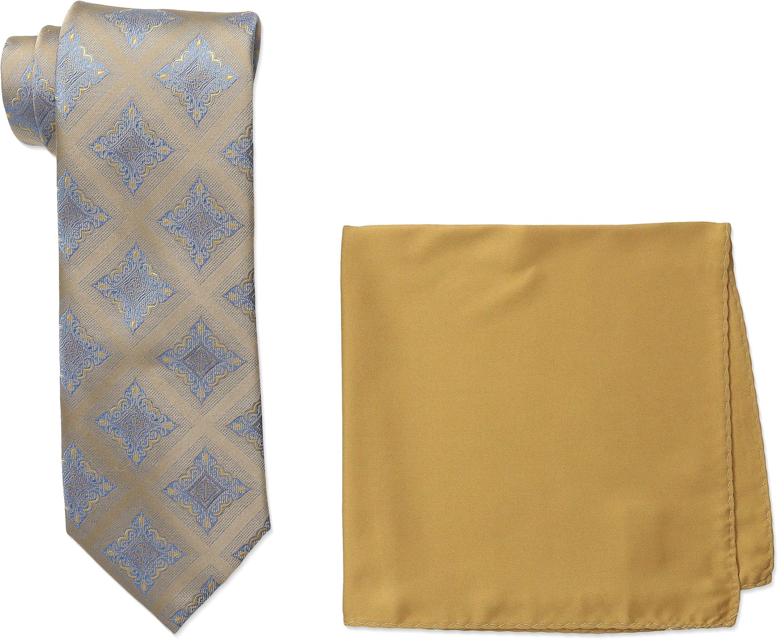 Steve Harvey Men's Tall Extra Long Medallion Necktie and Solid Pocket Square