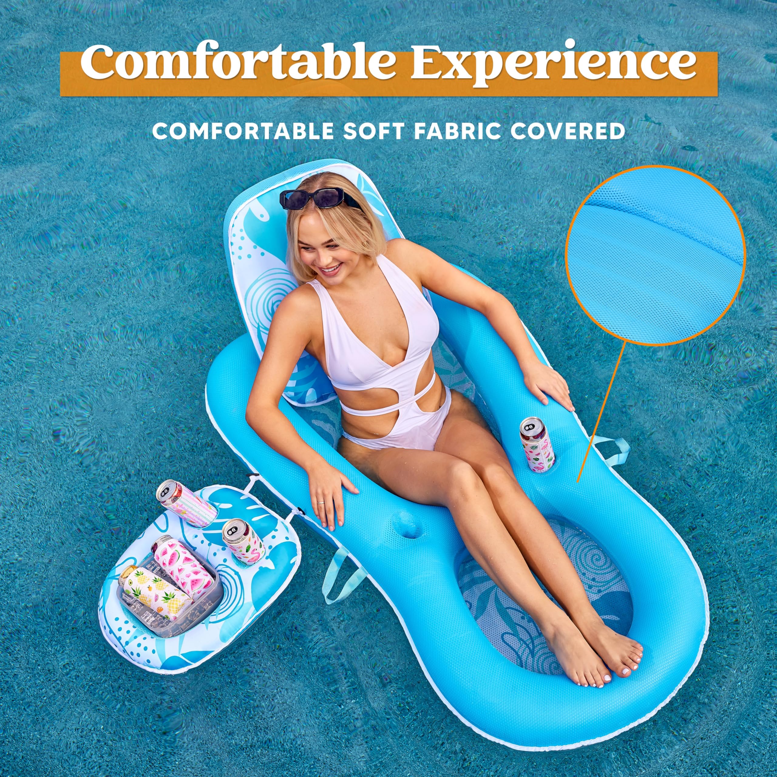 SLOOSH Pool Floats Lounger Adult, Fabric Pool Floaties Lounge Convertible 2-in-1 Floating Water Floaty with Cup Holders Adjustable Backrest Recliner for Pool Party