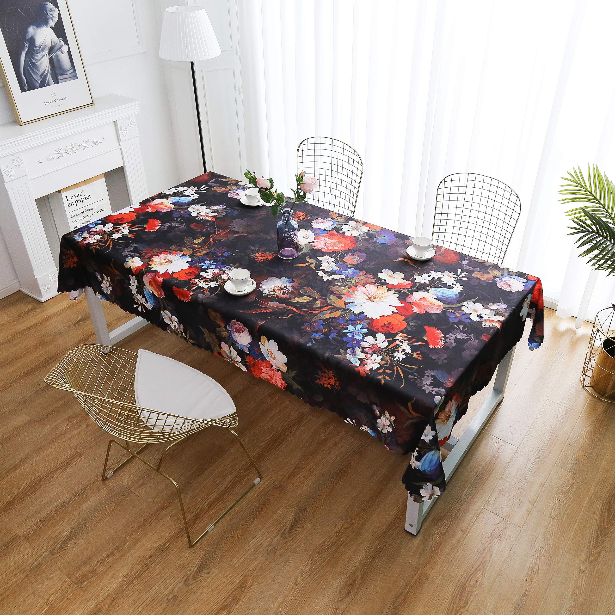 iLiveX Tablecloth - Original Design Art Printing Table Cloth - Machine Washable Spillproof Rectangle Table Cover - Indoor Outdoor Party Picnic Patio Spring Summer Decoration - 60"x84" (Black Flower)