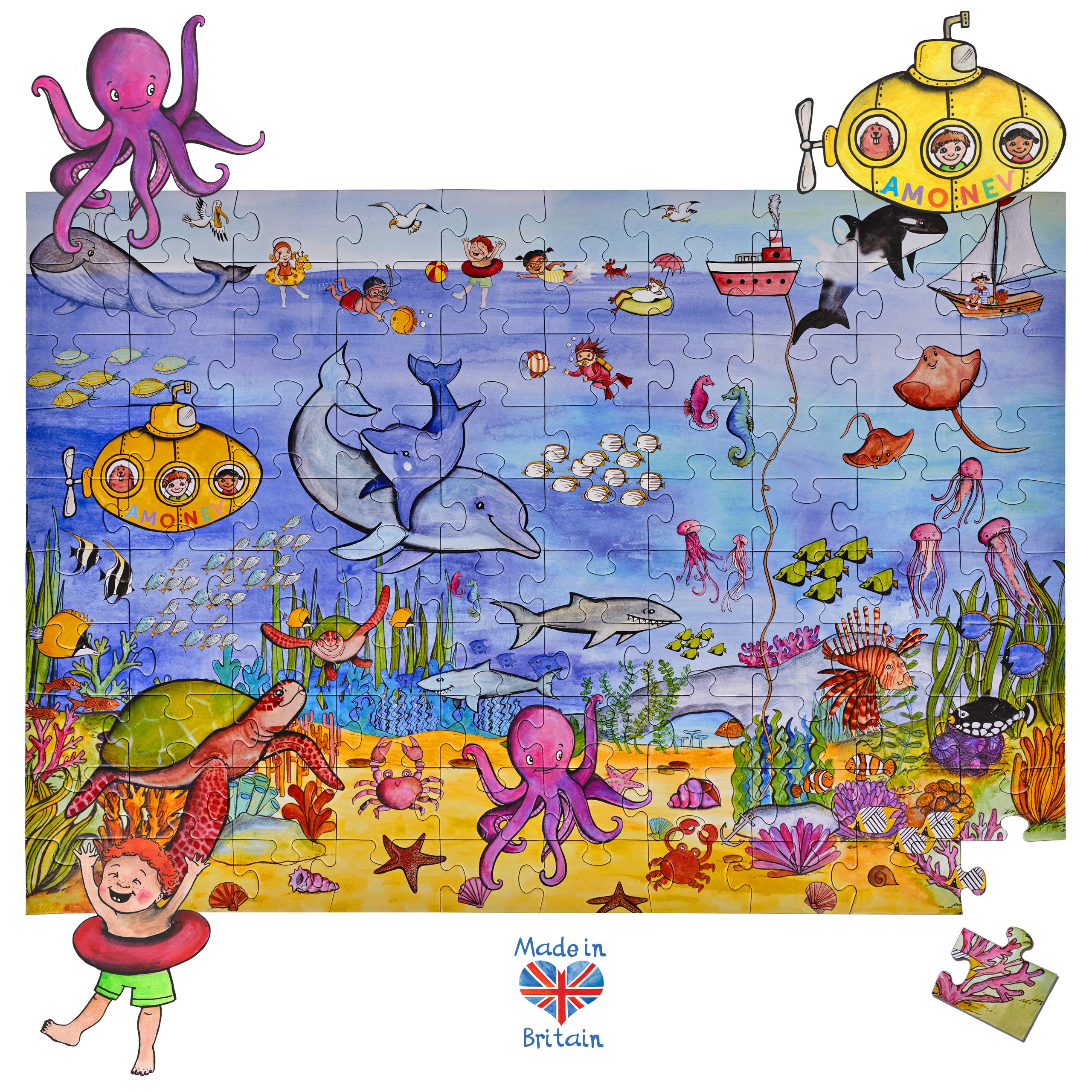 Amonev floor puzzles 100 pieces puzzles for both table and floor with easy to handle thick pieces making it a great gift for any occasion (Sea Life)