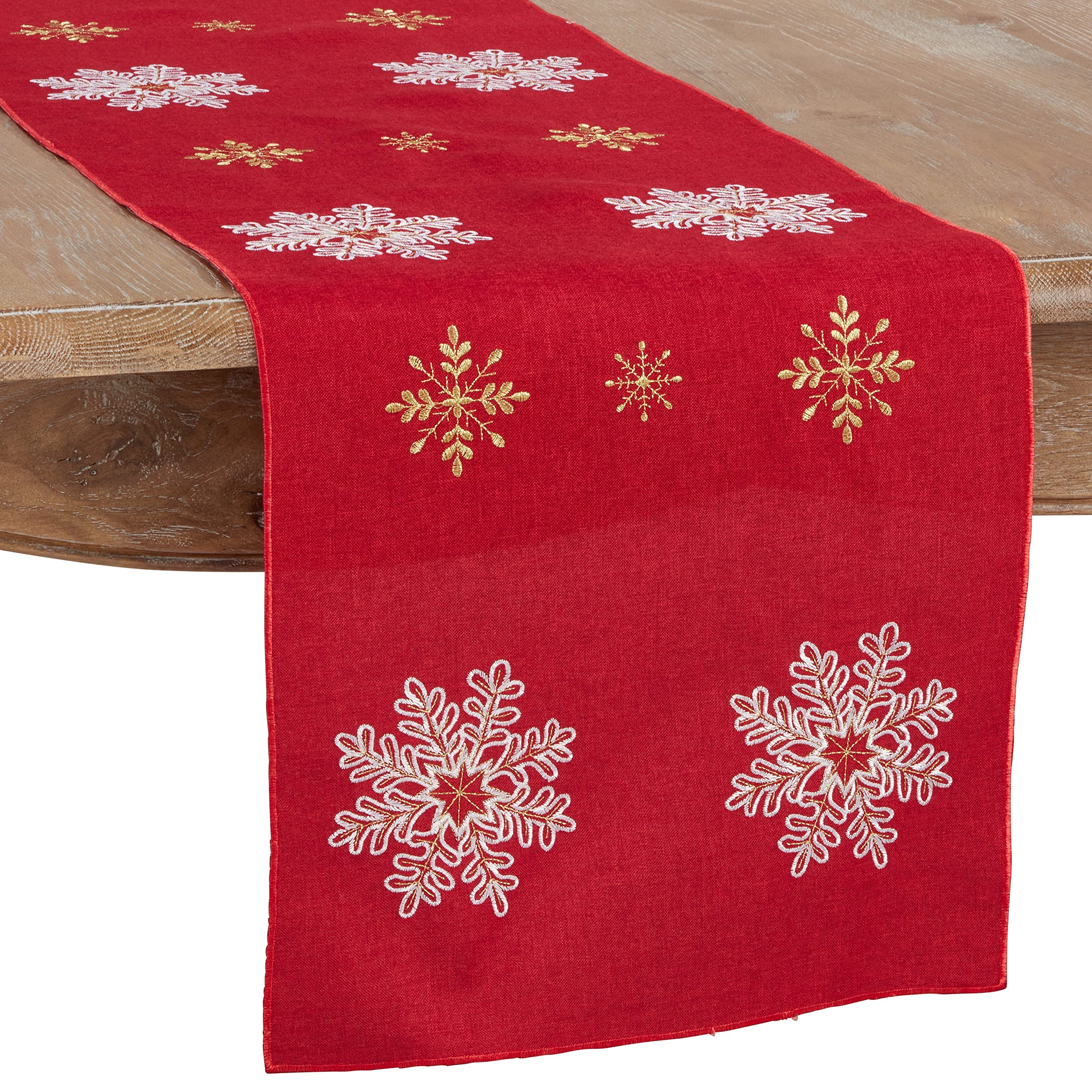 SARO LIFESTYLE 116.R16120B Neve Collection Embroidered Snowflake Christmas Holiday Table Runner, Polyester, Red