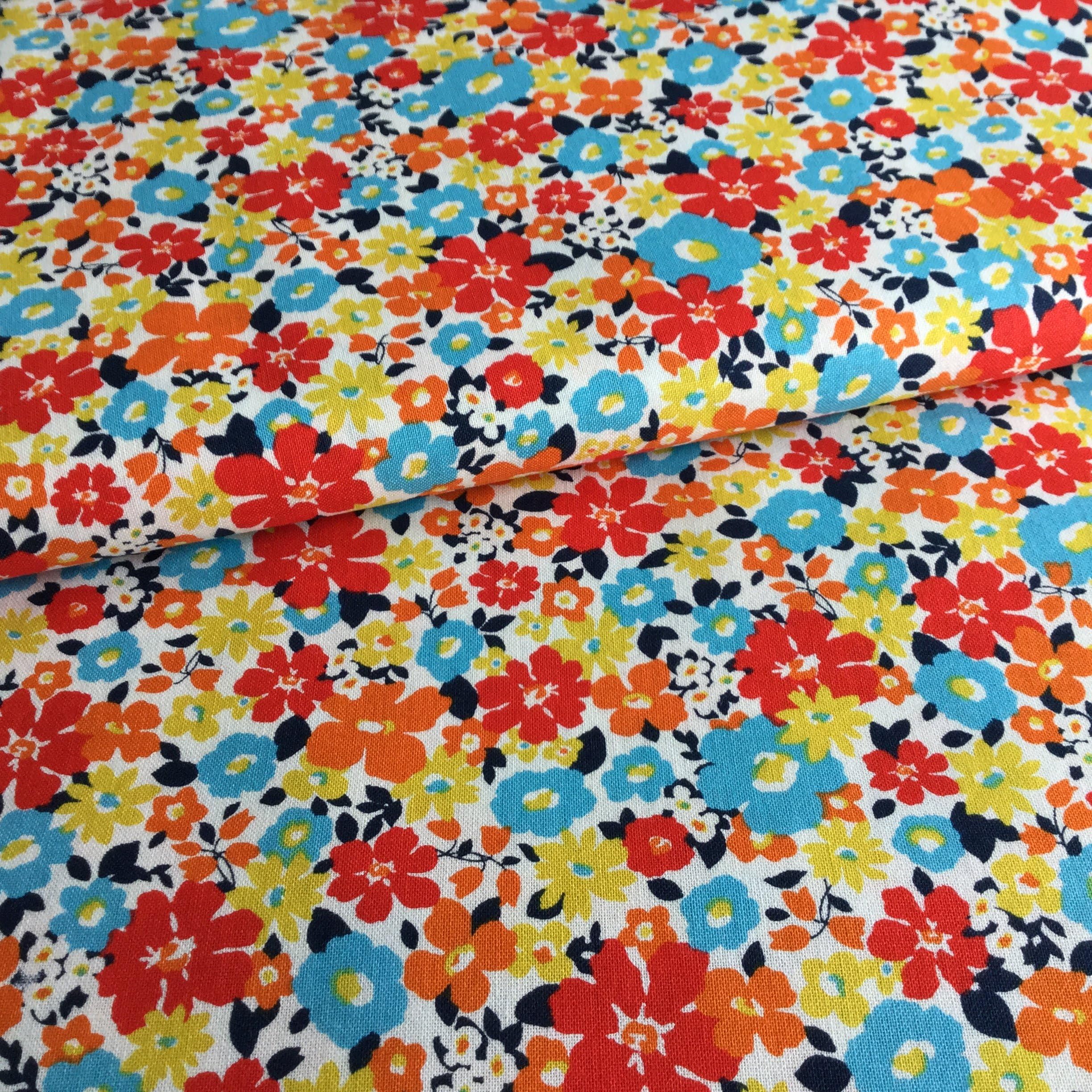 Floral Fabric SEV020 - Ditsy Floral"Liberty Style" Fabric - 100% Cotton - 0.5 Metre - Orange Blue Yellow Ditsy Floral Flowers - 100% Cotton