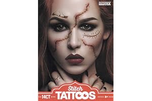 HALLOWEEN COSTUME TATTOO Halloween Realistic Temporary Costume Make Up Face Tattoo Kit Men or Women - (3D Realistic Stitches) 3 Sheets