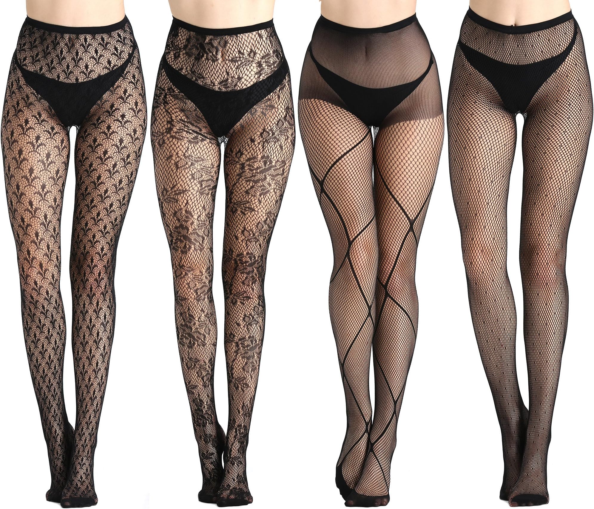 Cherrydew Womens Fishnet Tights Suspender Pantyhose Thigh-High Stockings Black 4 Pairs