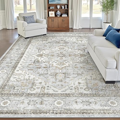 befbee Washable Area Rug 5x7, Area Rugs Stain Resistant Neutral Washable Rugs for Living Room Bedroom Vintage Non-Slip Thin Large Size Area Rug（Light Blue＆Beige）