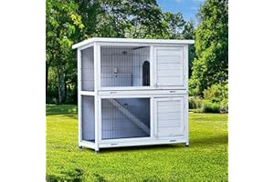 EMKK 2-Layer Wooden Rabbit Hutches Pet House Bunny Wood Hutch Dog Chicken Coops Cages Cage with No Leak Tray Lockable Door Openable Top for Indoor Outdoor,Grey, 36''L X 17.7''D X 33.5''H