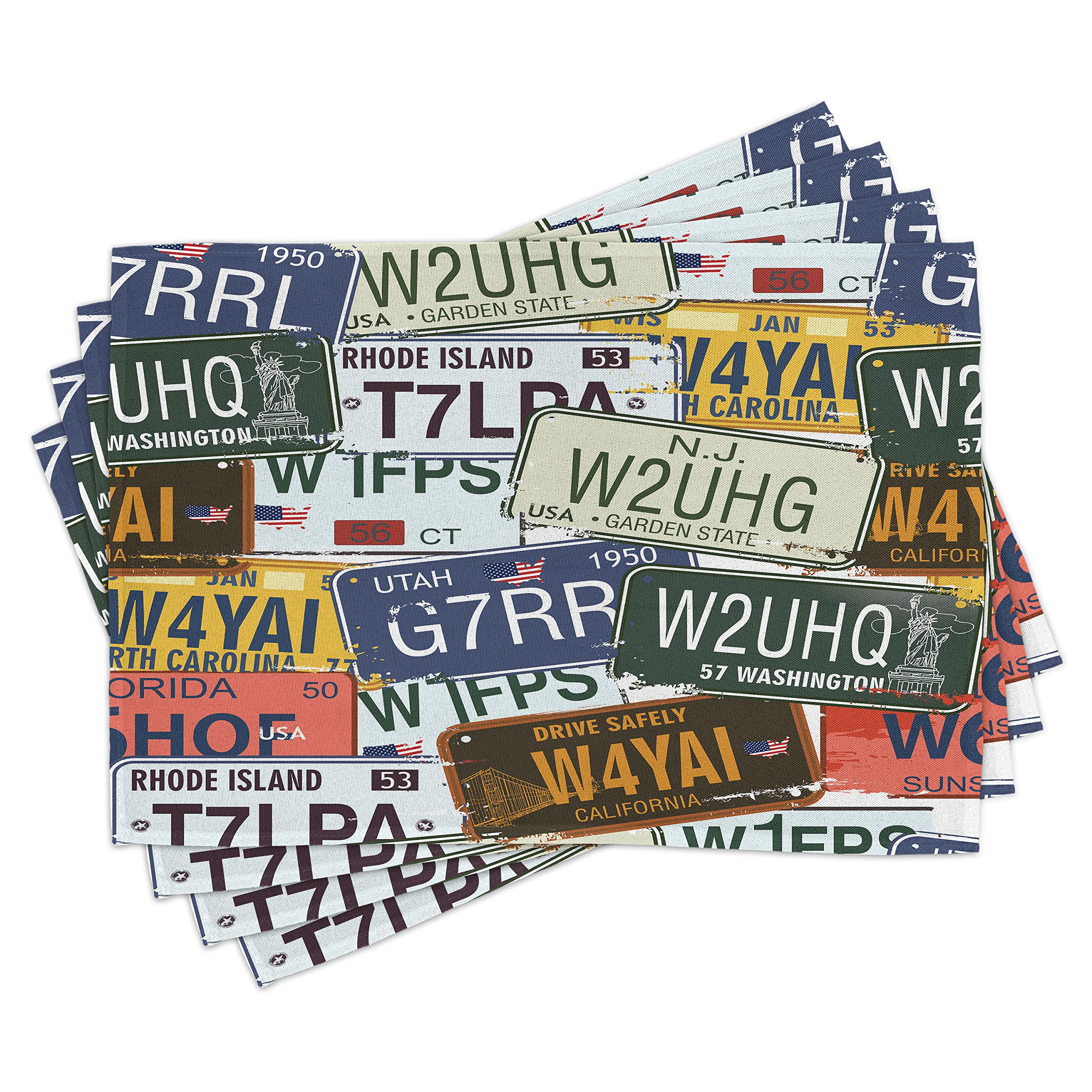 ABAKUHAUS Vintage Place Mats Set of 4, Vintage Travel Plate, Washable Fabric Placemats for Dining Room Kitchen Table Decor, Green Blue Yellow