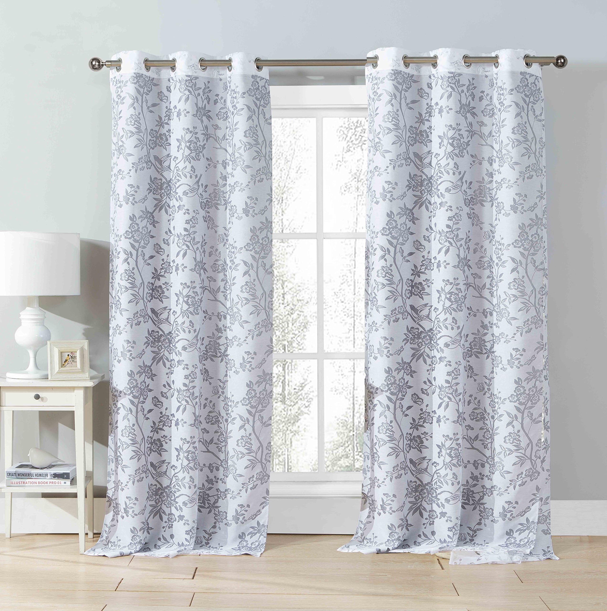 Heidi Lee Set of Two (2) Cotton Blend Gray and White Window Curtain Panels: Bird and Tree Branch Burnout Design, Double Layer, 76”W x 84”L