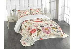 Ambesonne Shabby Flora Bedspread Set, Watercolor Abstract Spring Poppies Flowers Roses Buds Leaves Romantic Print, 3 Piece Decorative Bedding Coverlet and 2 Pillow Shams, King Size, Multicolor