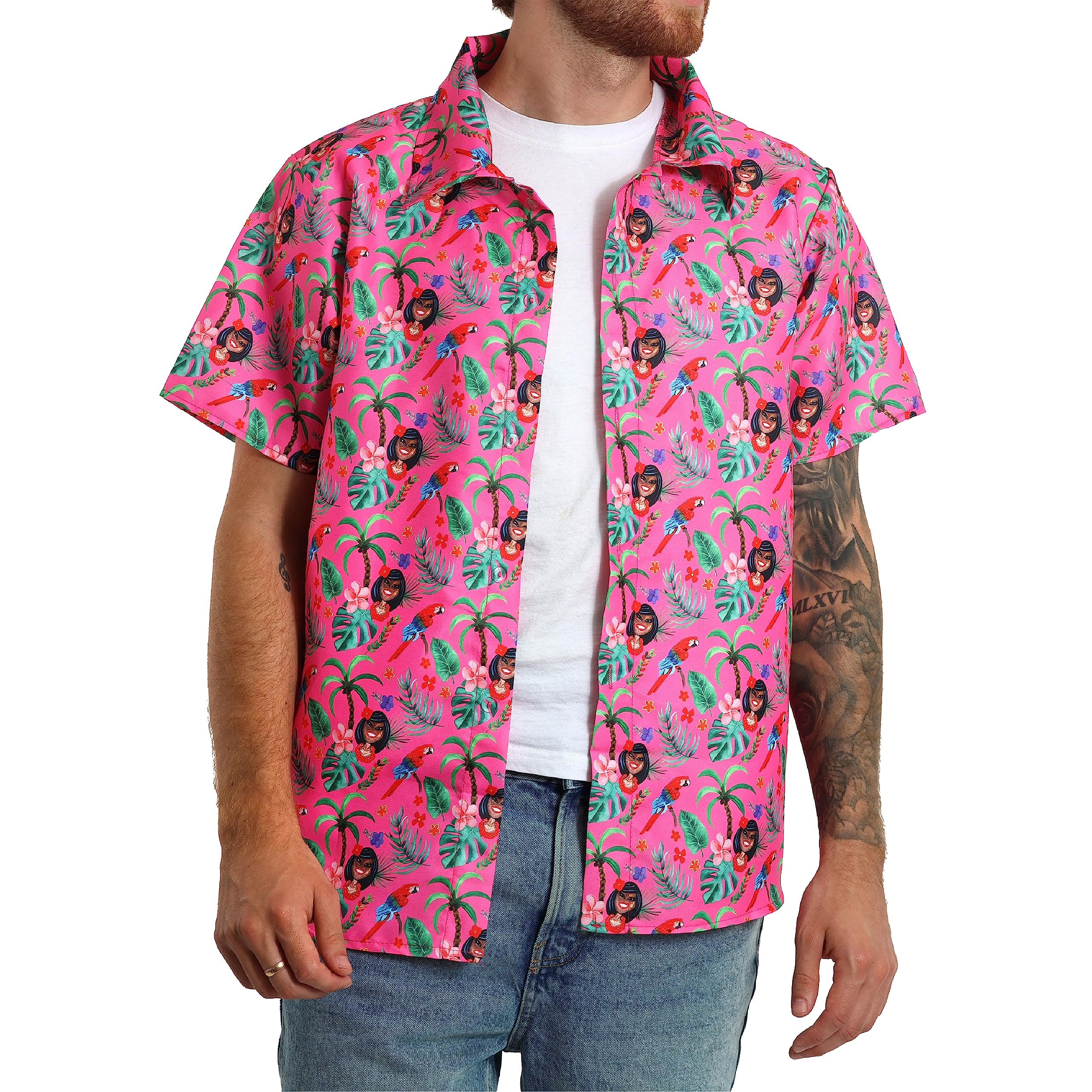 Mens Hawaiian Shirt Pink - Small - Pink Hawaii Tropical Short Sleeve Shirt - Fancy Dress - Summer Beach Party Wear