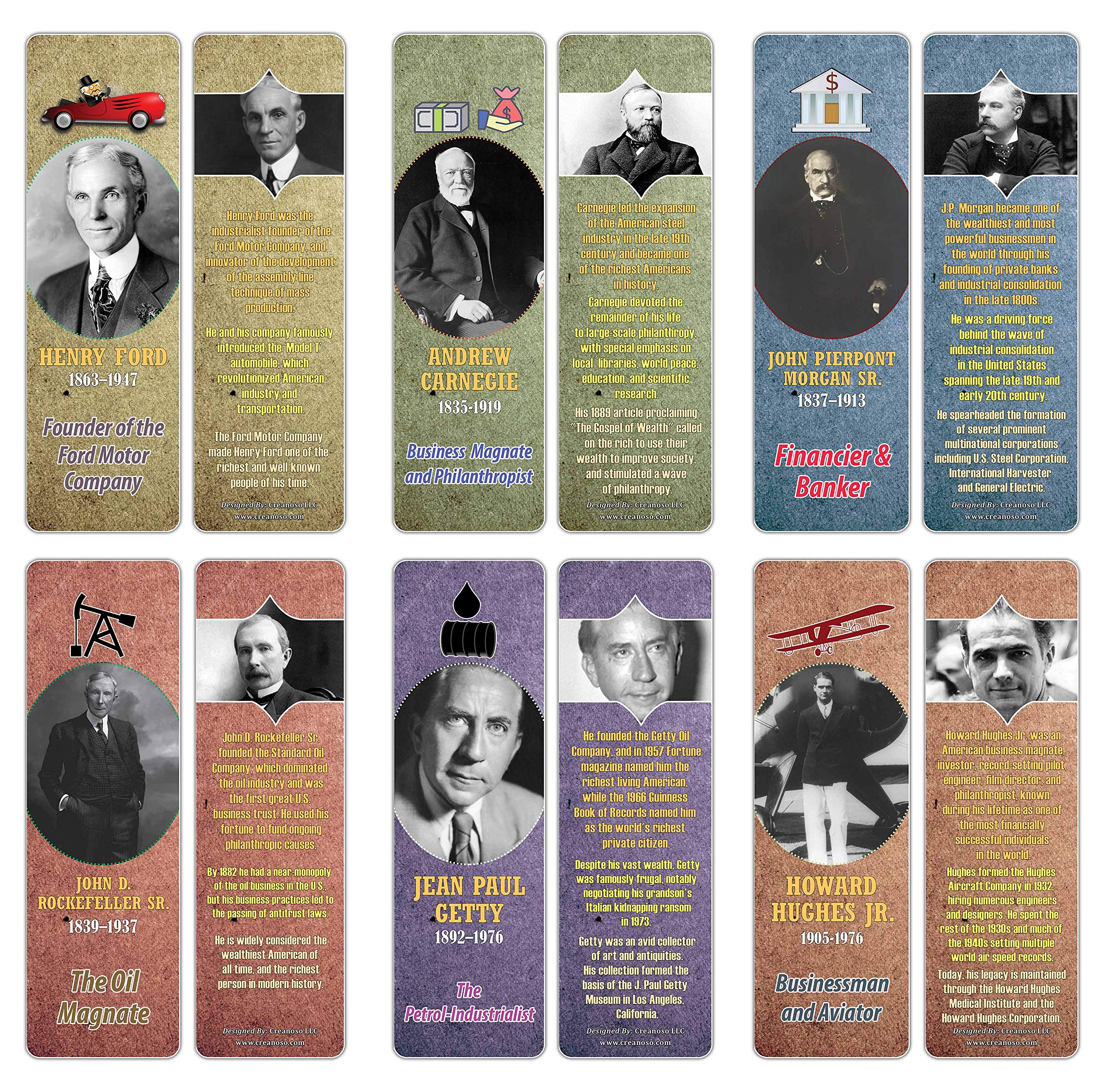 Creanoso Learning Facts Historical Famous Americans Industrialists Bookmarks (60-Pack) – Unique Teacher Stocking Stuffer Gifts for Boys, Girls, Kids, Teens, Students – Cool Fact Cards Giveaways
