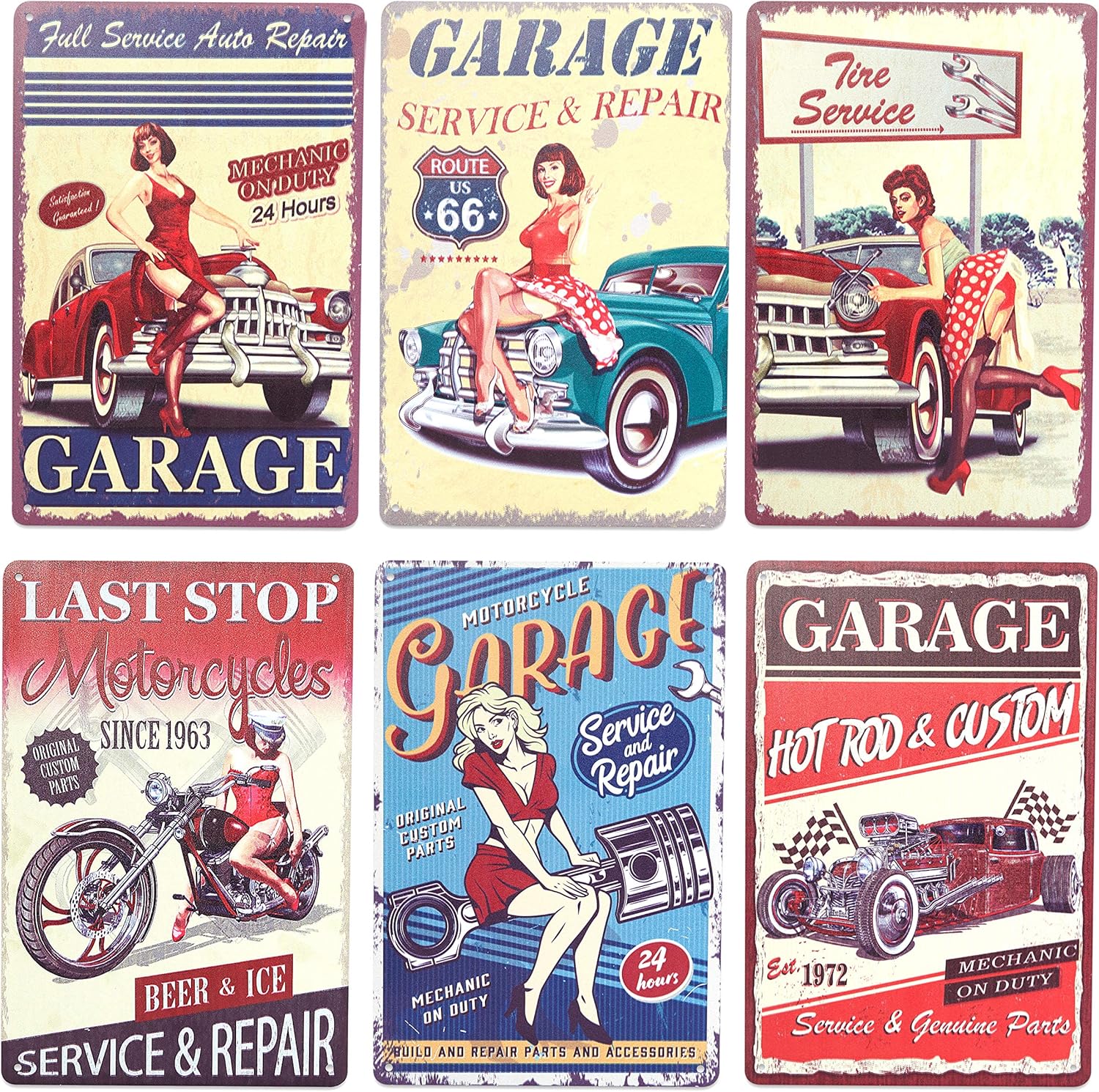 Okuna Outpost Vintage Metal Signs for Garage, Retro Wall Decor (8 x 11.8 in, 6 Pack)