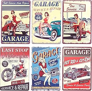Okuna Outpost Vintage Metal Signs for Garage, Retro Wall Decor (8 x 11.8 in, 6 Pack)