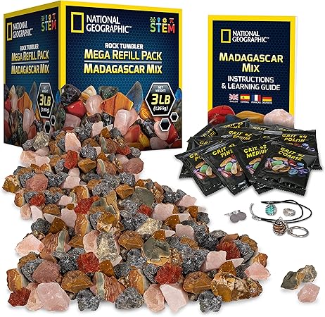 Amazon Com National Geographic Rock Tumbler Refill Mega Madagascar Gemstone Pack 3 Lb Of Gemstones Including Rose Quartz Jasper Labradorite More Tumbler Grit Jewelry Settings Toys Games
