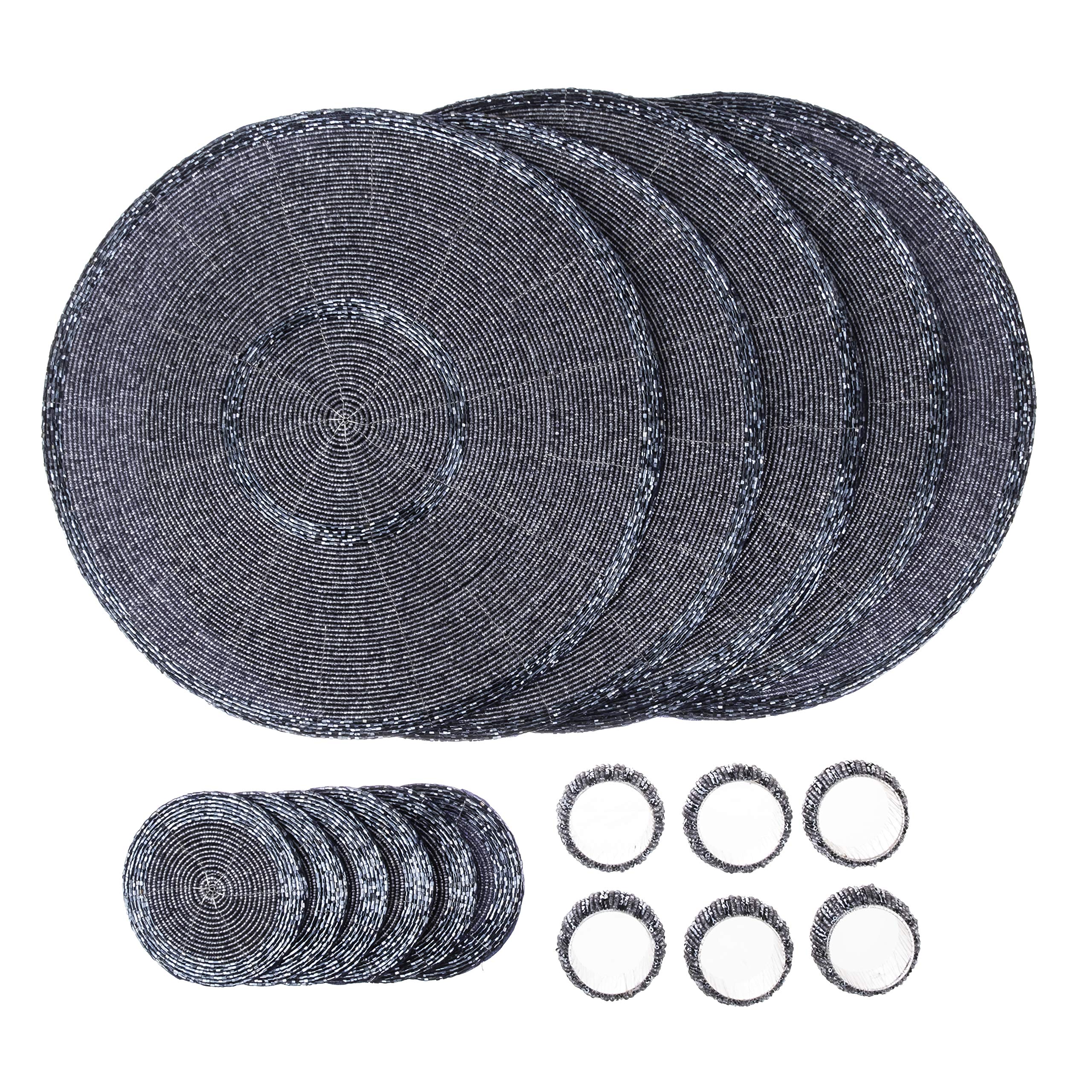 Penguin Home Handcrafted Glass Beaded Round Placemats, Coasters & Napkin Rings Set of 18 - Handmade Table Place Mats for Dining - 32 cm (13") Diameter (Grey and Charcoal)