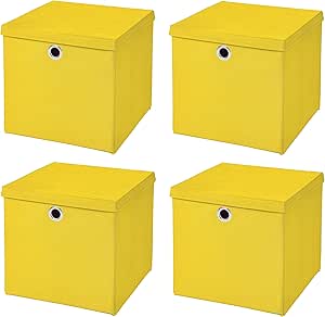 Caja de almacenaje, 28 x 28 x 28 cm, con tapa, amarillo, 4 unidades