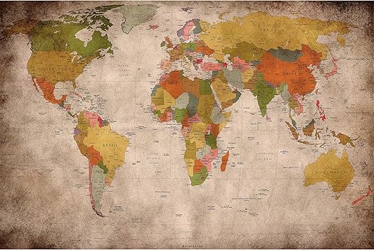 Large Photo Wallpaper Retro World Map Used Look Picture Decoration Globe Continents Atlas Earth Retro Old School Vintage Image Decor Wall Mural 132 3x93 7in 336x238cm Amazon Com