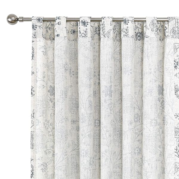 VISION HOME BLUE FLORAL LINEN CURTAINS BACK TABS ROD POCKET SEMI SHEER FARMHOUSE WINDOW CURTAINS FOR BEDROOM LIVING ROOM LIGHT FILTERING DRAPES 63 INCH BLUE ON BEIGE 2 PANELS,54″ WX63 L