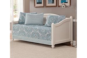 FANCY LINEN Fancy Collection 5pc Day Bed Cover Modern Reversible Grey New (Medalion Blue)