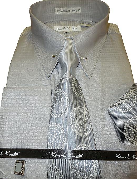 Karl Knox SX4341 Mens Silver Gray Check Eyelet Pin Collar Bar French