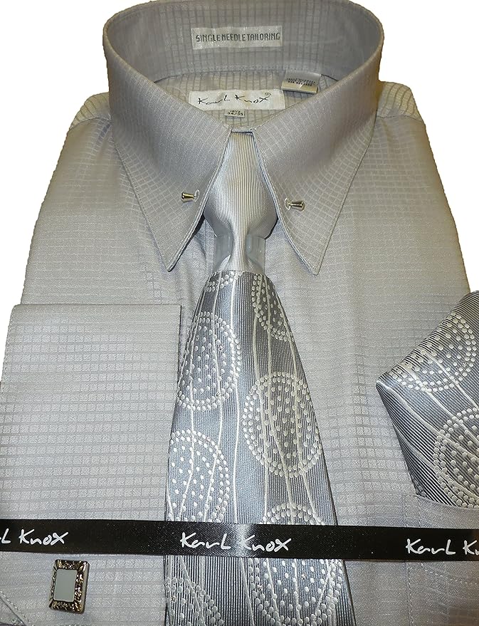Karl Knox SX4341 Mens Silver Gray Check Eyelet Pin Collar Bar French