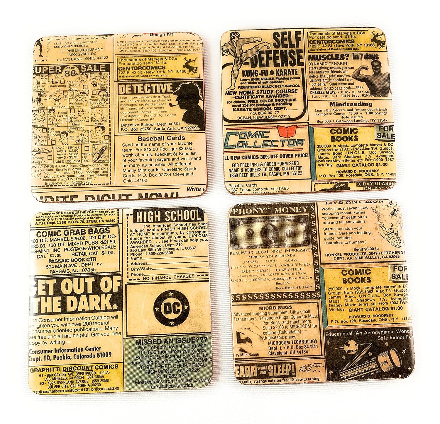Amazon Com Vintage Comic Book Advertisement Magic Weight Defense Toys Bar Table Drink Coasters Handmade