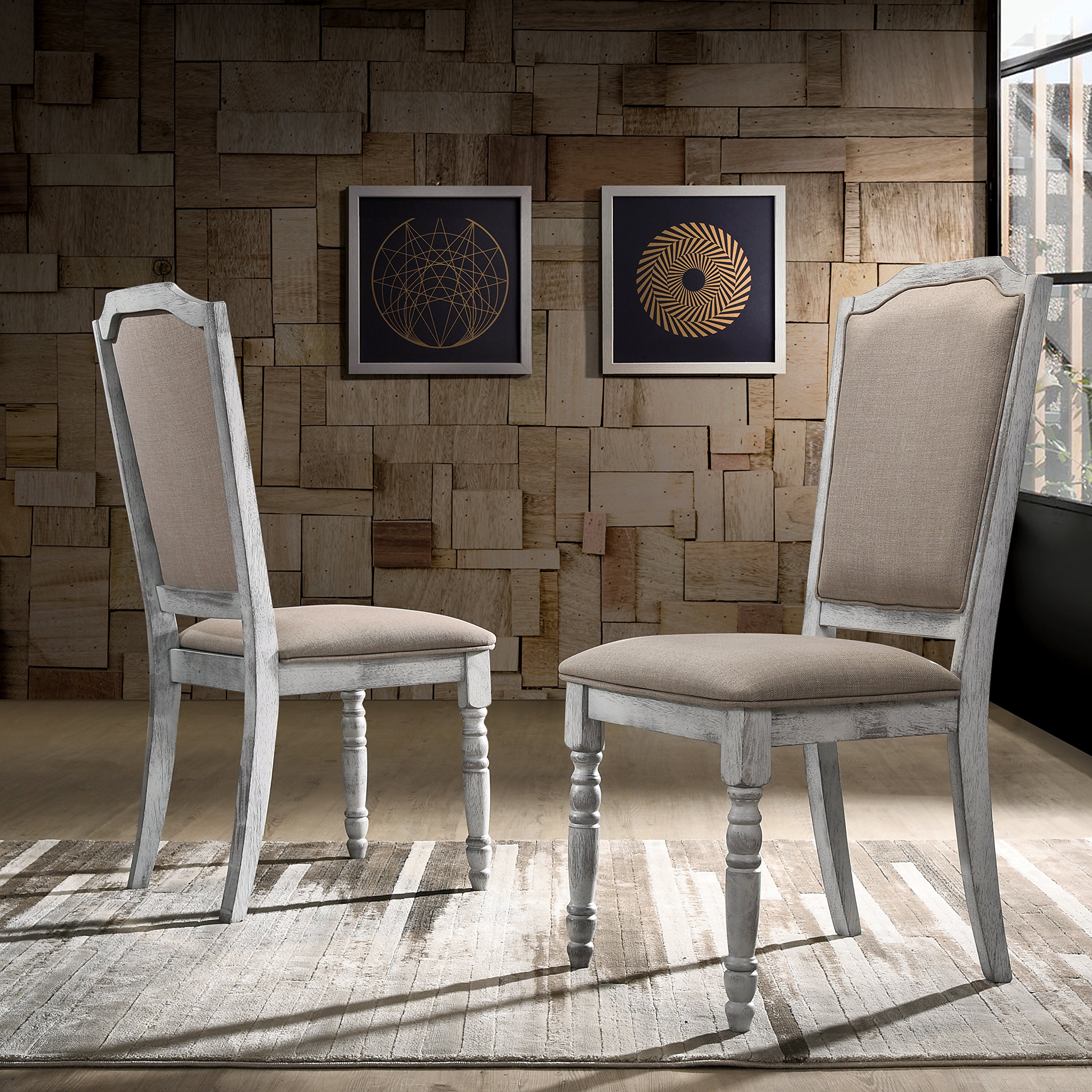 Photo 1 of Roundhill Furniture Iris Turned Leg Wood Dining Chair, Set of 2, Weathered White