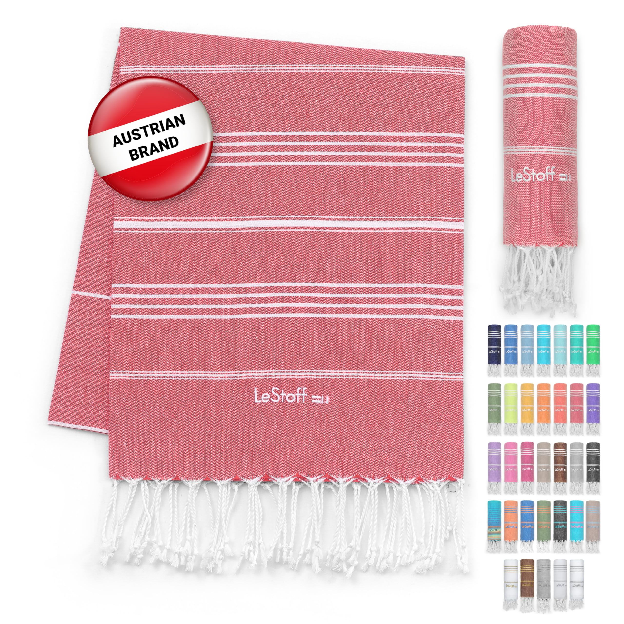 LeStoff Turkish Hammam Towel – 100% organic cotton, 95 x 180 cm, Pre-washed, Absorbent, Quick-drying, Lightweight, Turkish Towel, Hammam Beach Towel, Gym Towel, Beach Throw, Sauna Towel (Red)