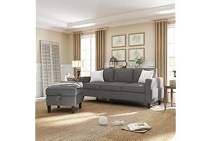 ZeeFu Convertible Sectional Sofa Couch,Dark Grey Linen Fabric Modern Upholstered 3-Seat L-Shaped Sofa Furniture Set with Reversible Storage Ottoman and Pockets for Living Room Small Space Apartment