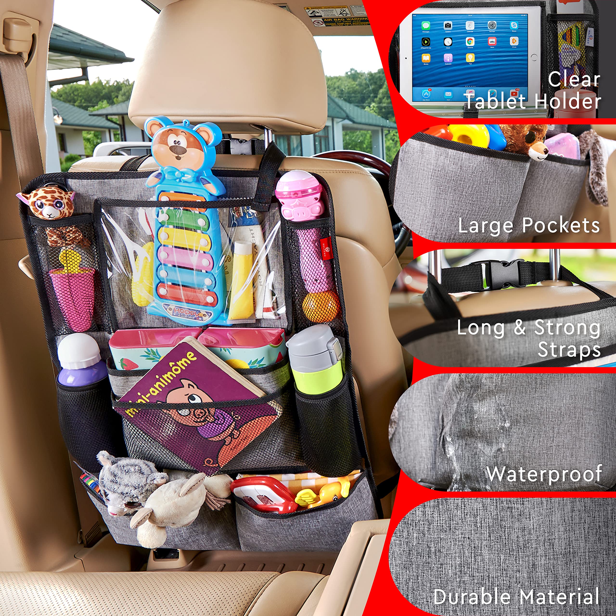Helteko Backseat Car Organizer, Kick Mats Back Seat Protector with Touch Screen Tablet Holder, Organizer for Kids, Travel Accessories, Mat 9 Storage Pockets 2 Pack