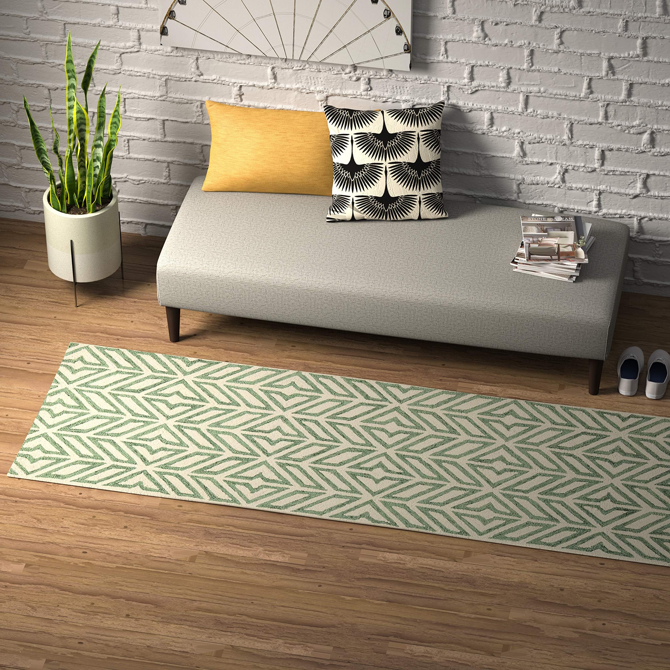 Amazon Brand – Rivet Contemporary Handtufted Cotton and Wool Rug Runner with Geometric Feathered Pattern, 2'6" x 8', Green and Cream