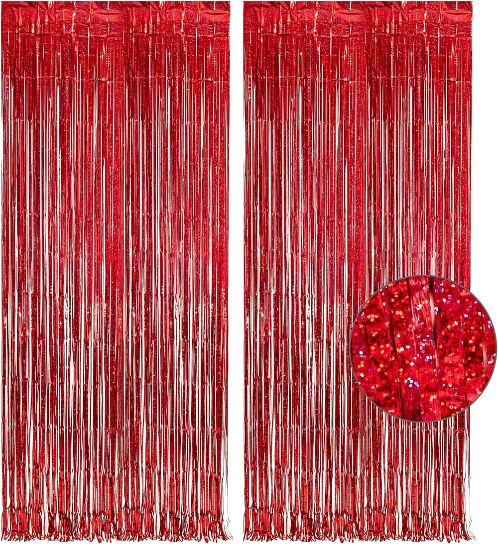 GREATRIL Red Fringe Curtains 2-Pack 8.2ft x 3.2ft Backdrop Tinsel Party Decor