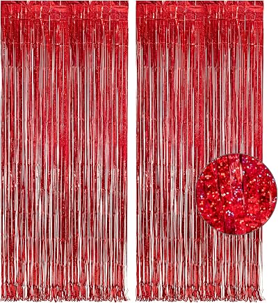 GREATRIL Red Fringe Curtains 2-Pack 8.2ft x 3.2ft Backdrop Tinsel Party Decor