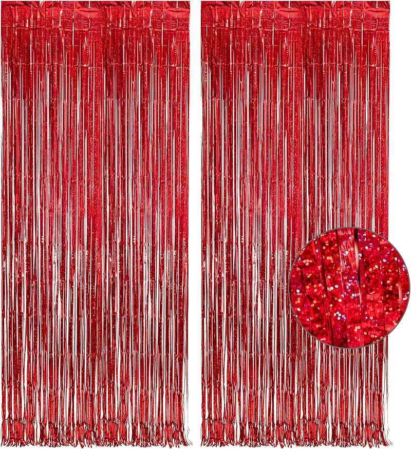 GREATRIL Red Fringe Curtains 2-Pack 8.2ft x 3.2ft Backdrop Tinsel Party Decor