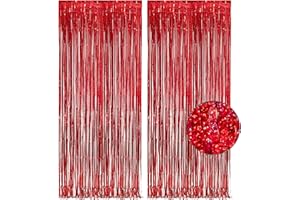 Red Fringe Curtains Party Streamers Backdrop - GREATRIL Foil Tinsel Curtain Cortinas para Fiestas Decoracion Backdrop for Stranger Theme Party Christmas Valentines Day Party 2-Pack