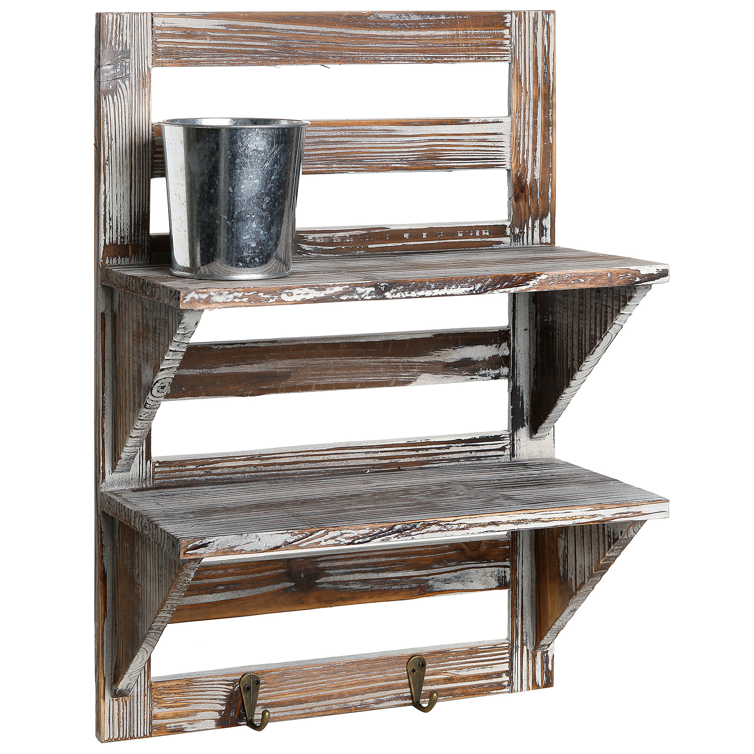 MyGift Rustic Wood Wall Mounted Organizer Shelves w/ 2 Hooks, 2-Tier Storage Rack, Brown