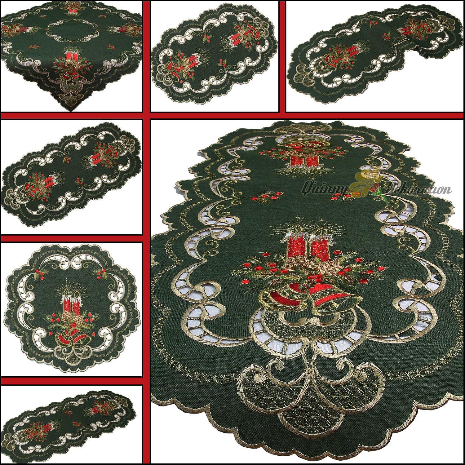 Weihnachtstischdecke Dunkelgrün Mit Kerzenstickerei – Eleganter Festtagslook In Verschiedenen Größen