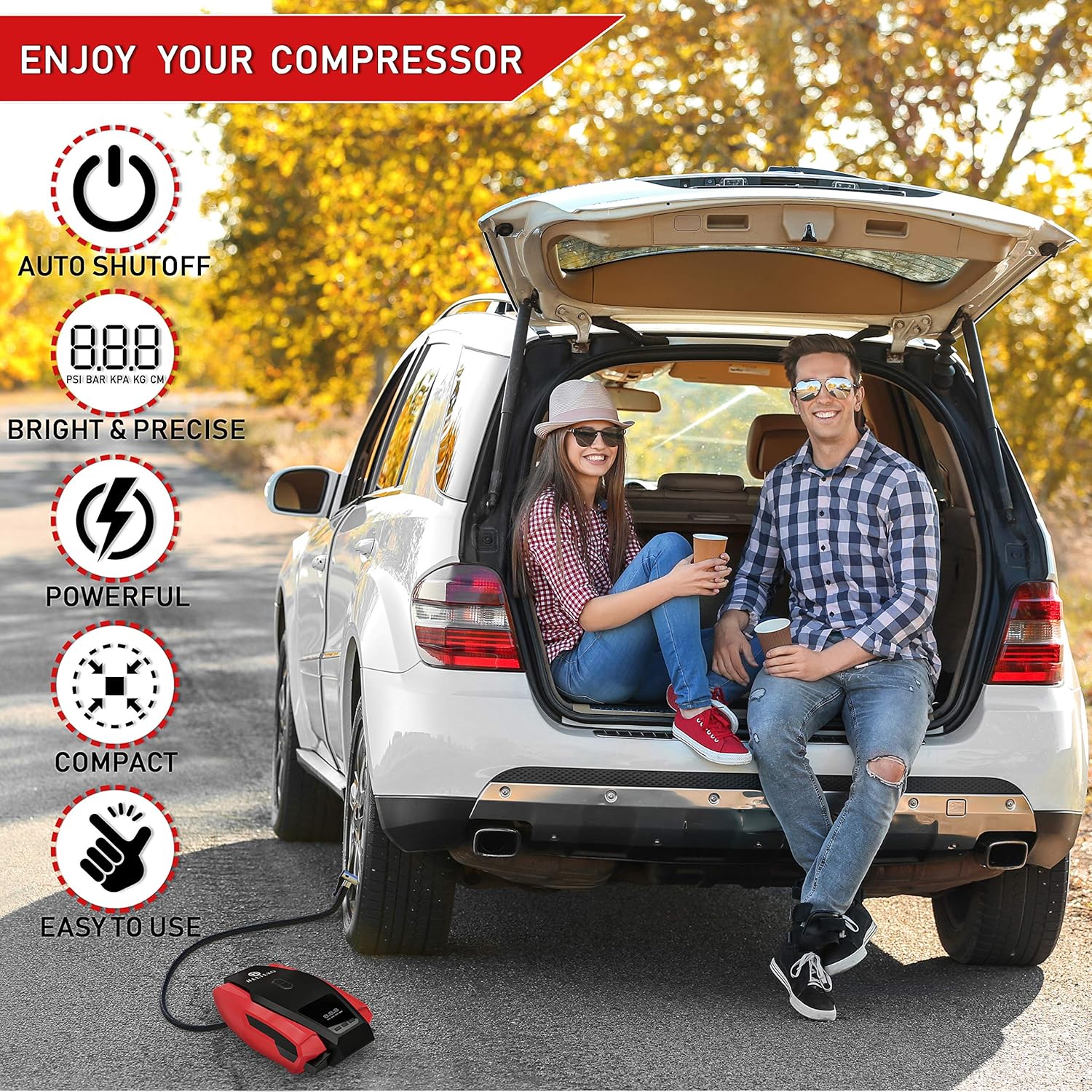 Helteko Portable Air Compressor Pump 12V DC - Digital Tire Inflator - Auto Tire Pump with Emergency Led Lighting and Long Cable for Car - Bicycle - Motorcycle - Basketball and Other: Automotive