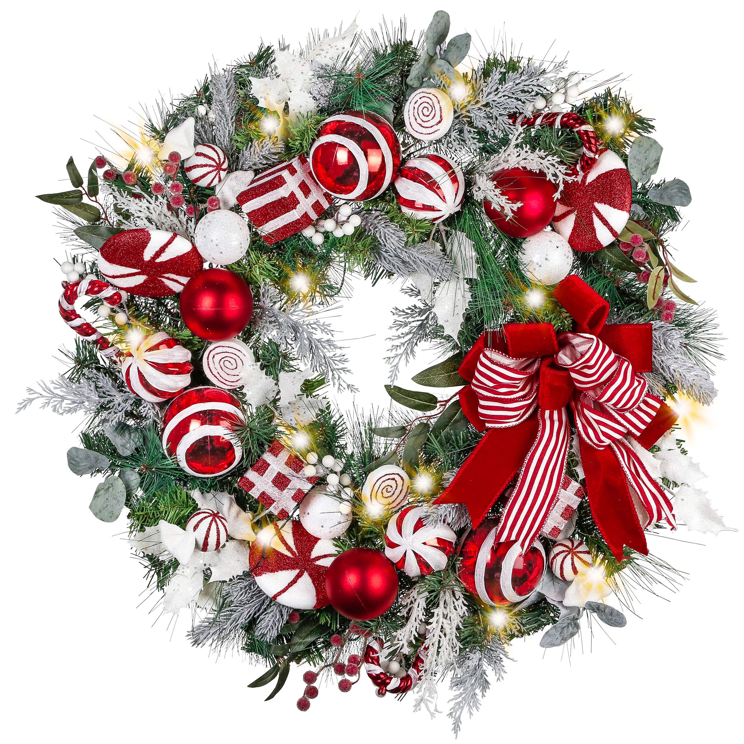 Valery Madelyn Pre-Lit 30 inch Sweet Candy Red White Christmas Door Wreath with Ball Ornaments Bows Berries, Battery Operated 40 LED Lights, Large Holiday Decoration for Outdoor Home Window Fireplace
