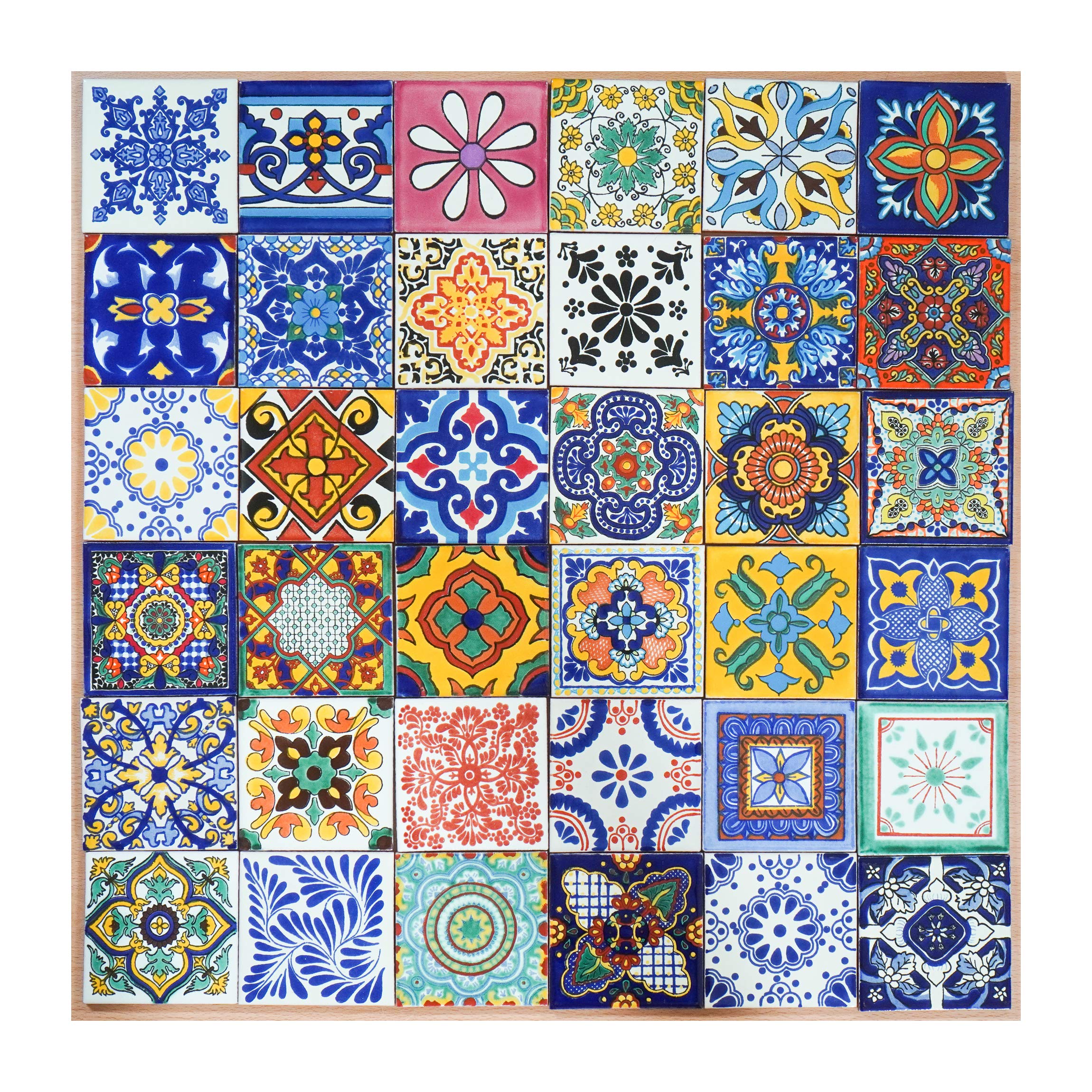 Pack of 36 Assorted Talavera Mexican Handmade 10.5cm Tiles: 'Aleatorio'